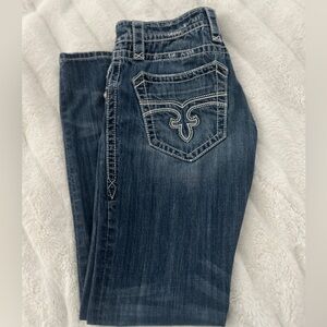 Rock Revival Men's Dark Blue Bootcut Jeans with Contrast Pocket Stitching